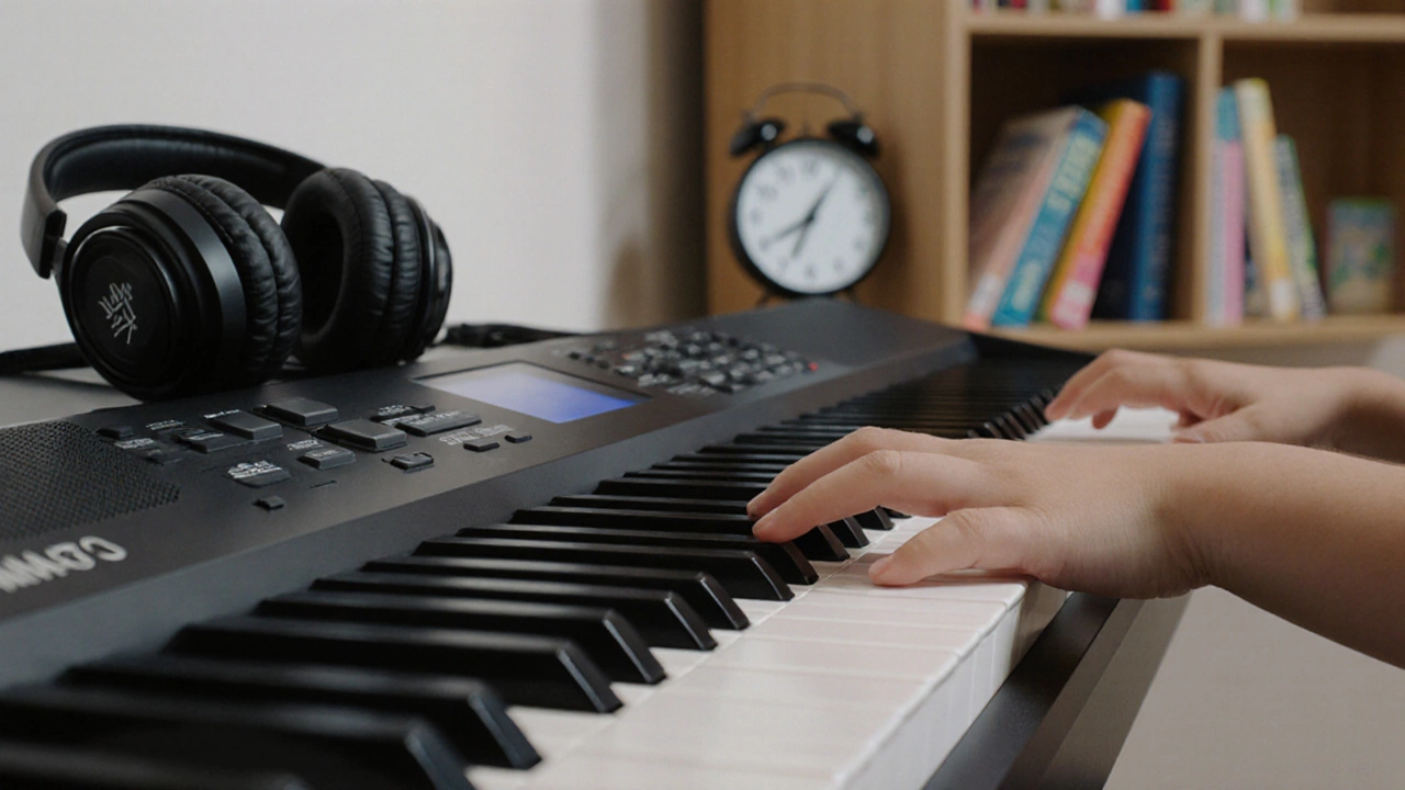 Близкий план рук ребёнка, нажимающих клавиши цифрового пианино с сенсорной чувствительностью.