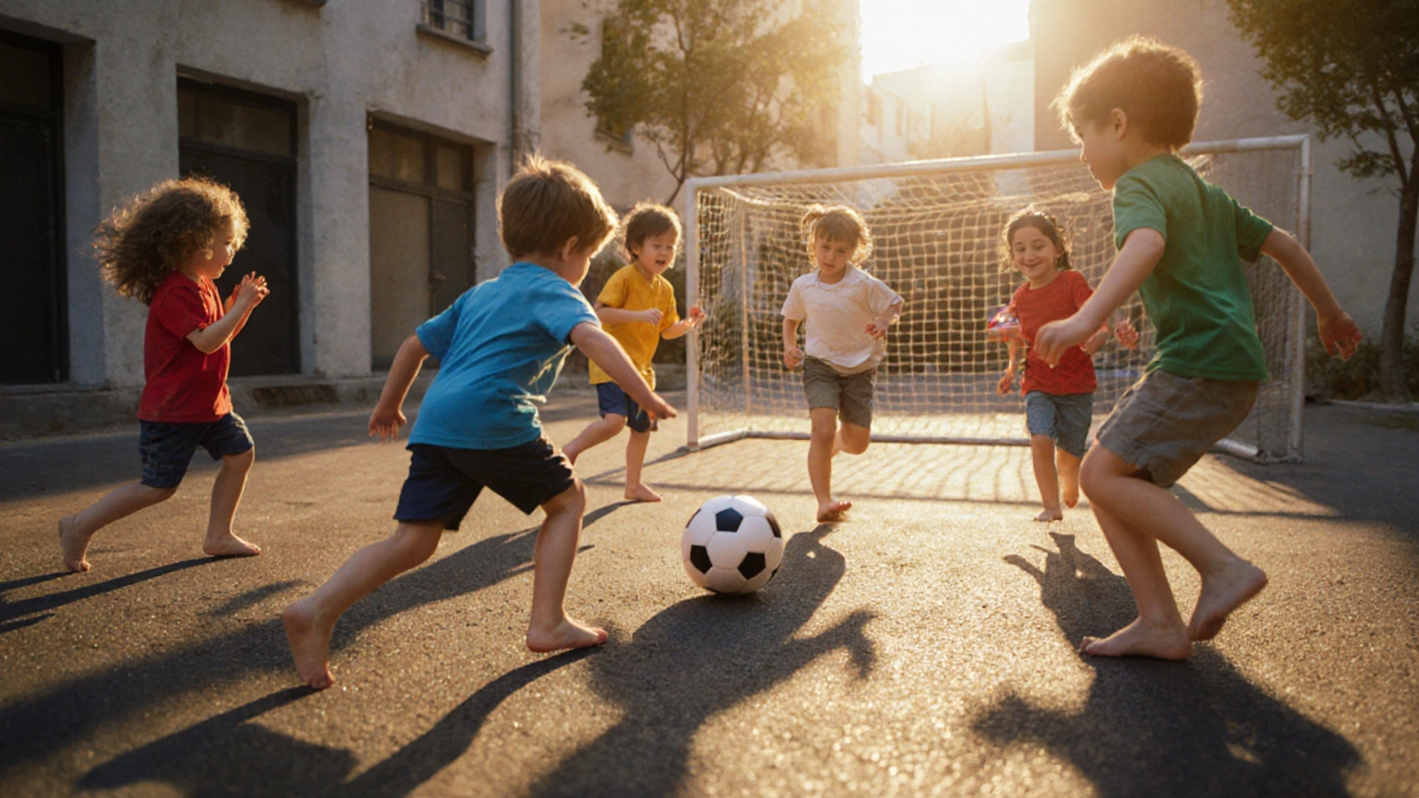 Дети играют в мини-футбол на дворовой площадке без судьи.