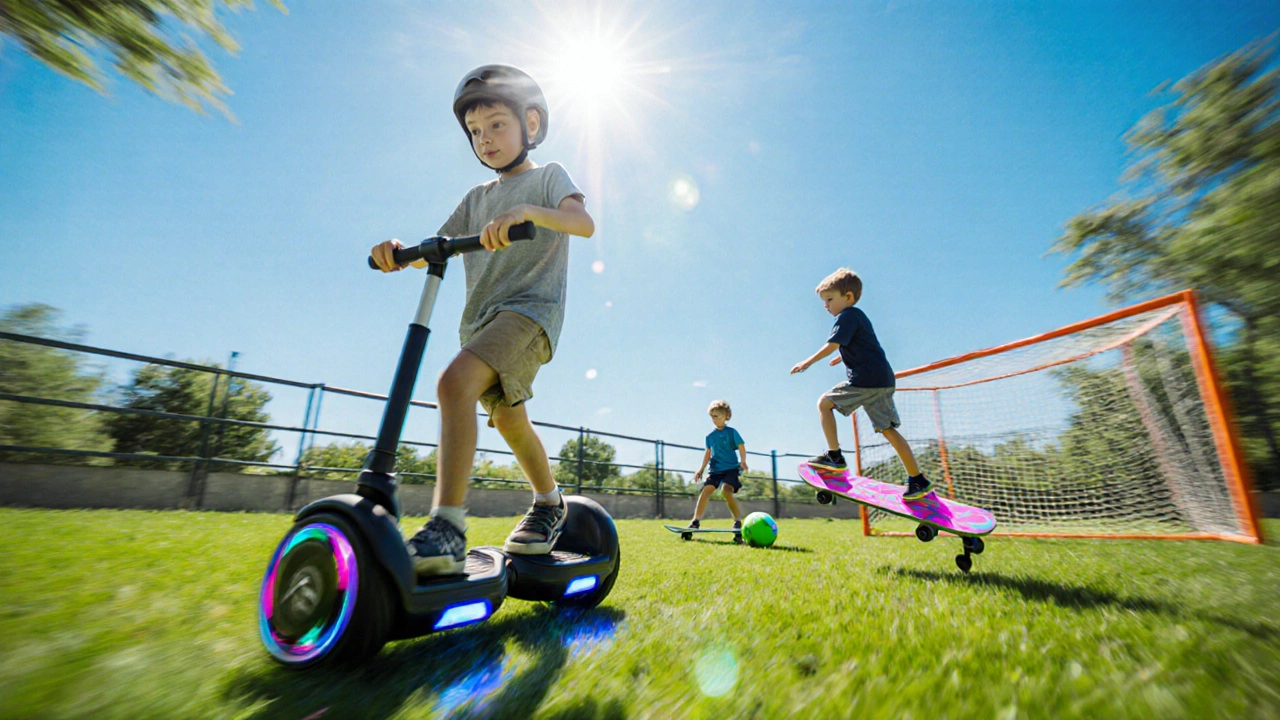Дети катаются на Segway и скейтборде, рядом установлен футбольный набор.