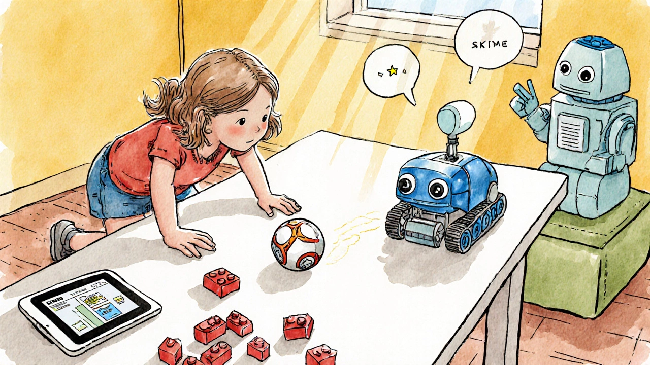 Девочка собирает LEGO Boost, рядом крутится Sphero RVR и разговаривает Miko 2.