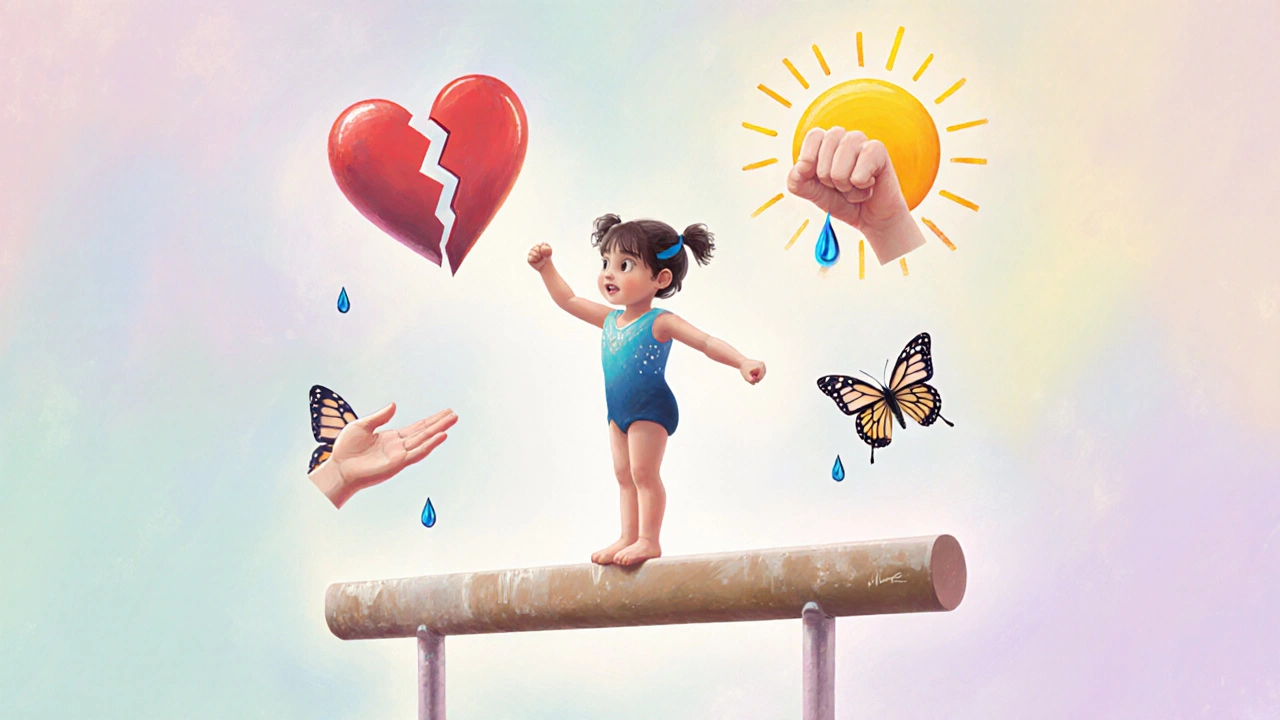 Ребёнок на балансире, вокруг него символы эмоционального роста.