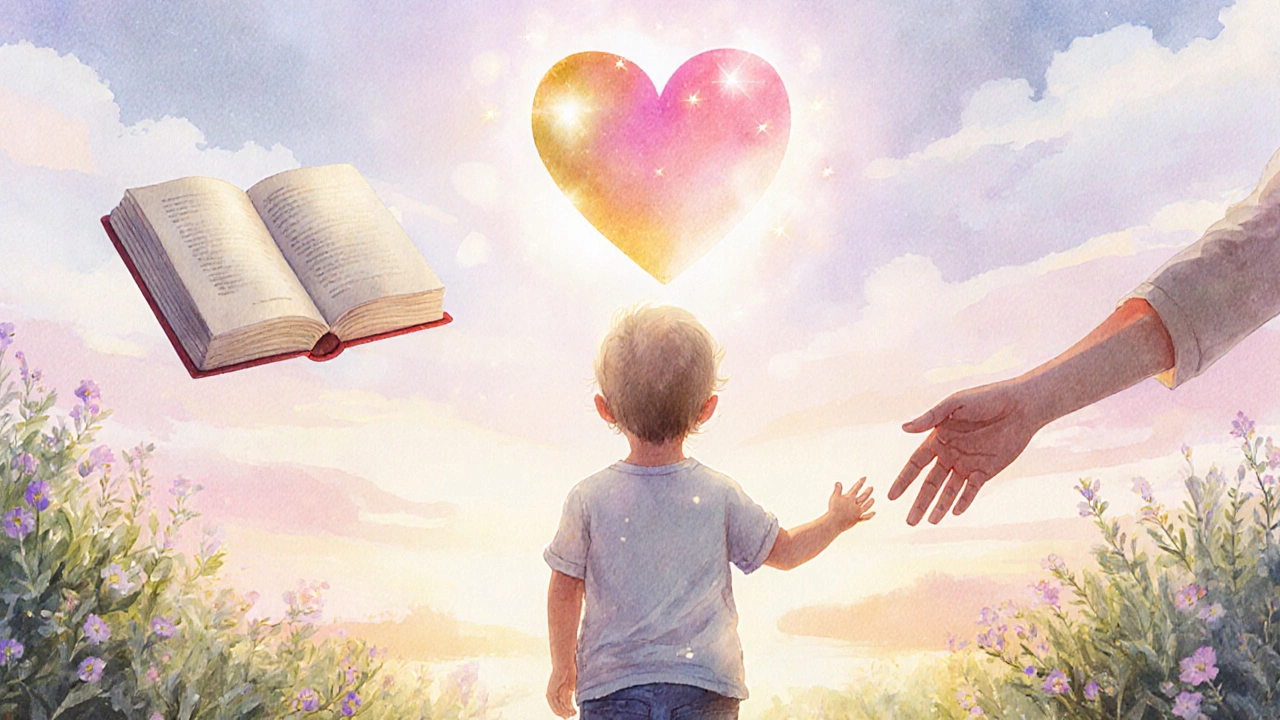 Ребёнок в саду с плавающими символами: сердце, книга, руки в акварели.