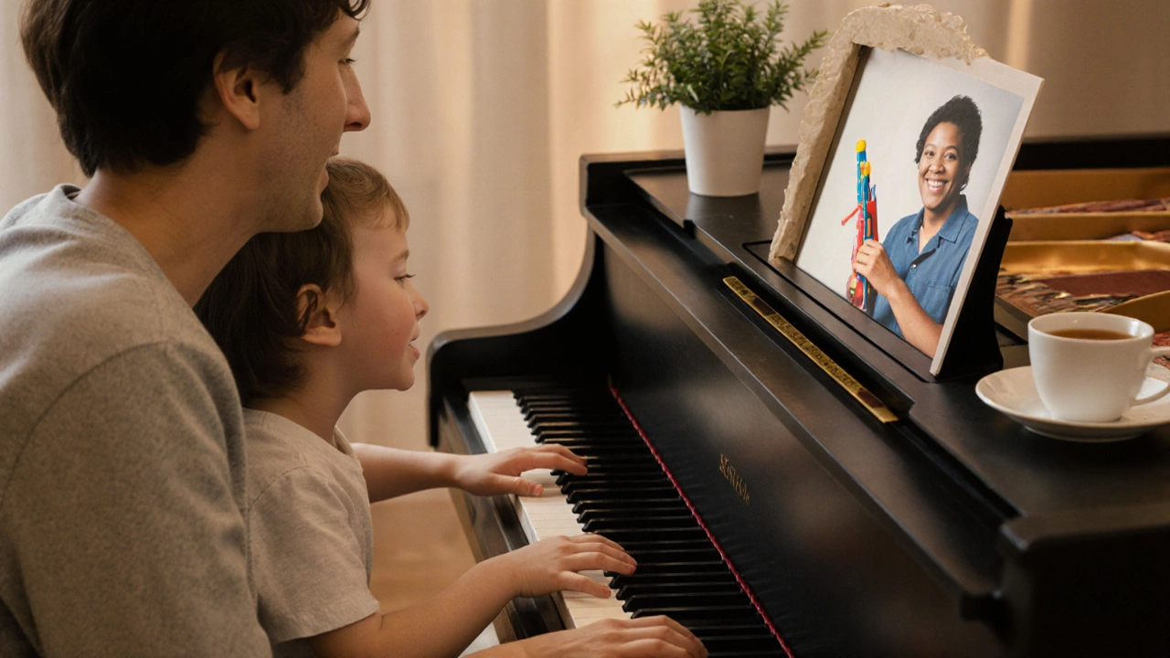 Родитель и ребёнок вместе играют на пианино, смеются, создавая музыку в уютной обстановке.