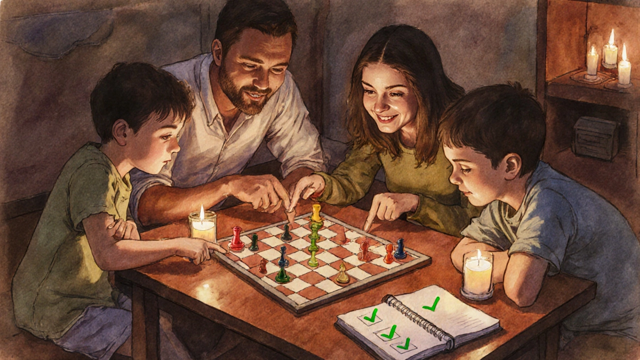 Семья играет в настольную игру за столом, рядом открыт чек‑лист.