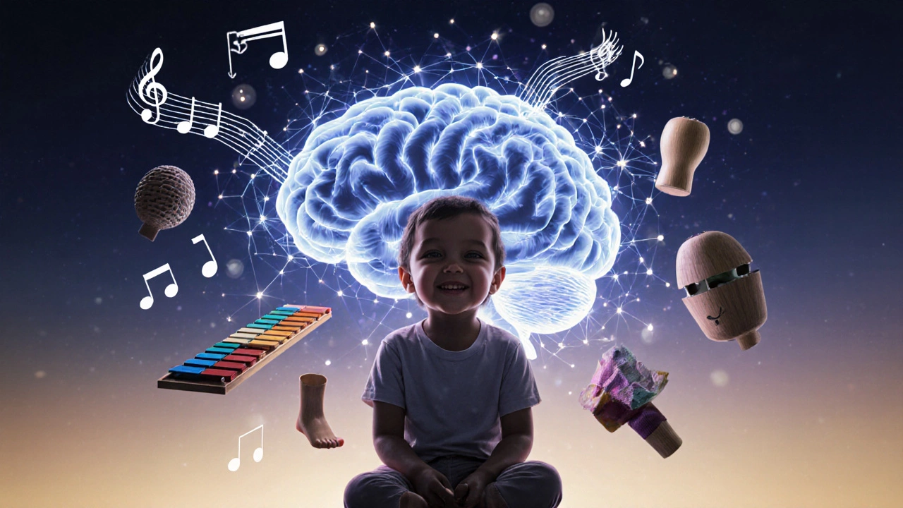 Схема детского мозга с музыкальными звуками, активирующими нейронные связи.