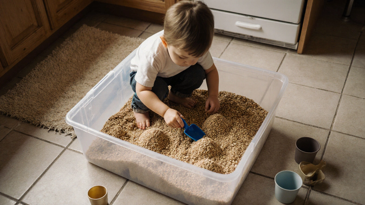 Мальчик копает в коробке с пшеничной оболочкой, используя маленькую лопатку.