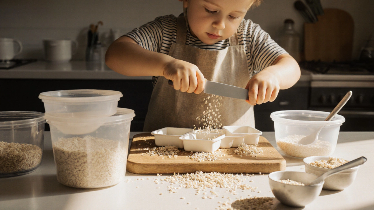 Мальчик в кухонном фартуке пересыпает рис между мисками, используя пластиковую ложку.