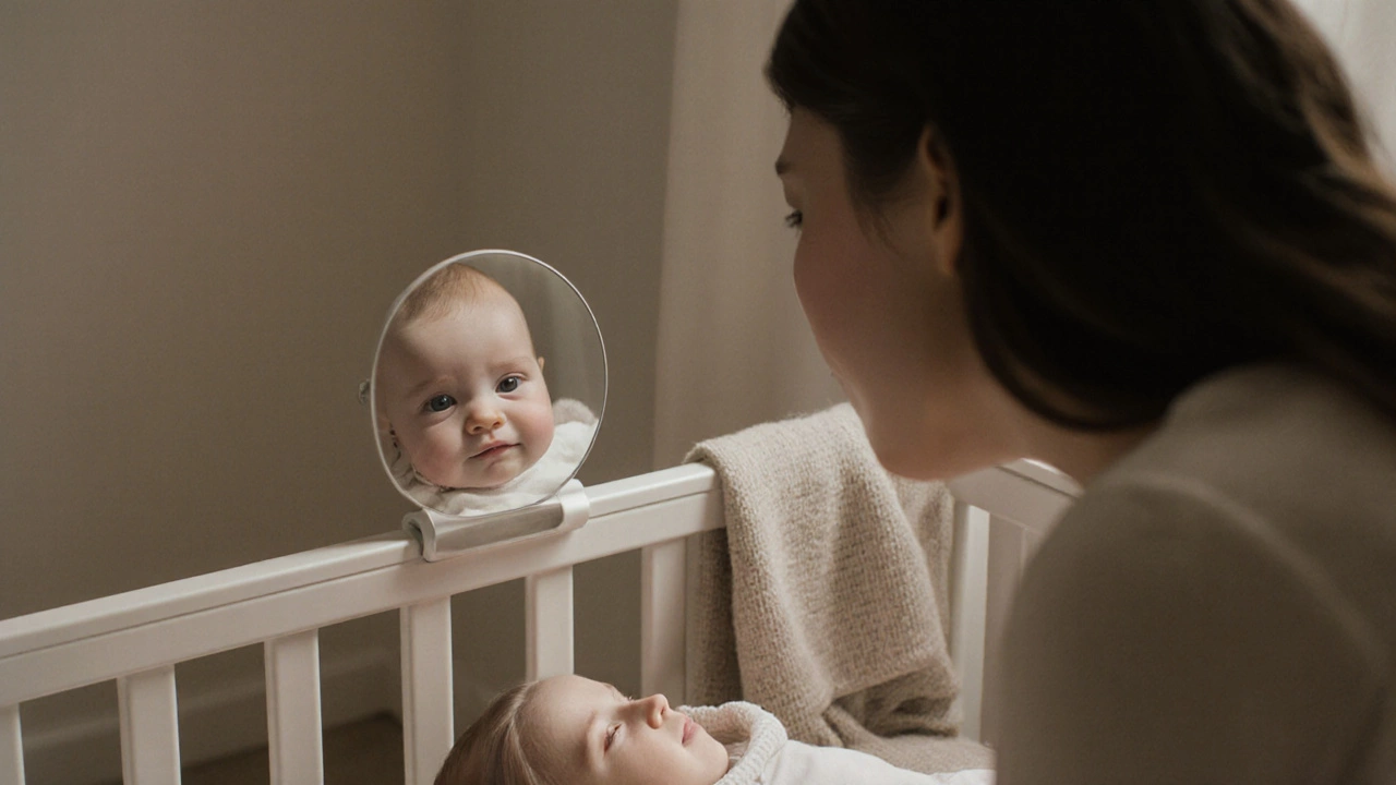 Малыш смотрит на свое отражение в безопасном зеркале, а рядом — лицо матери.