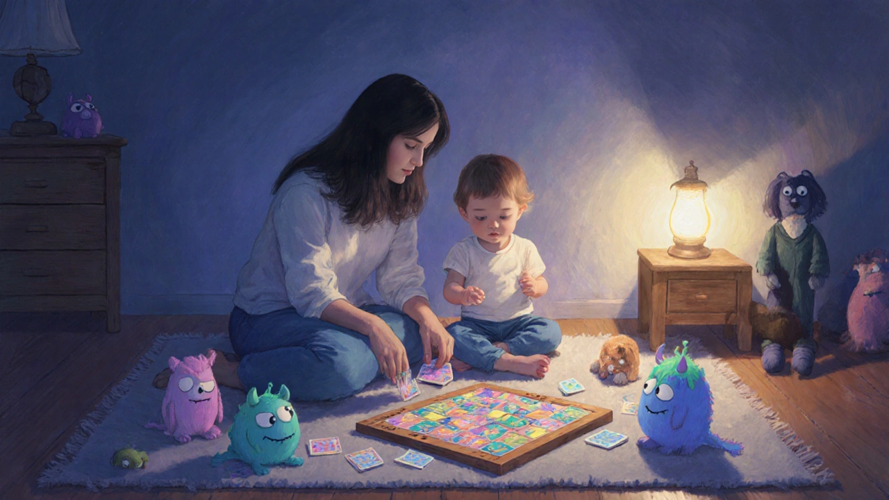 Мама и маленький ребенок играют в Спокойную ночь, Монстр перед сном, мягкий свет ночника.