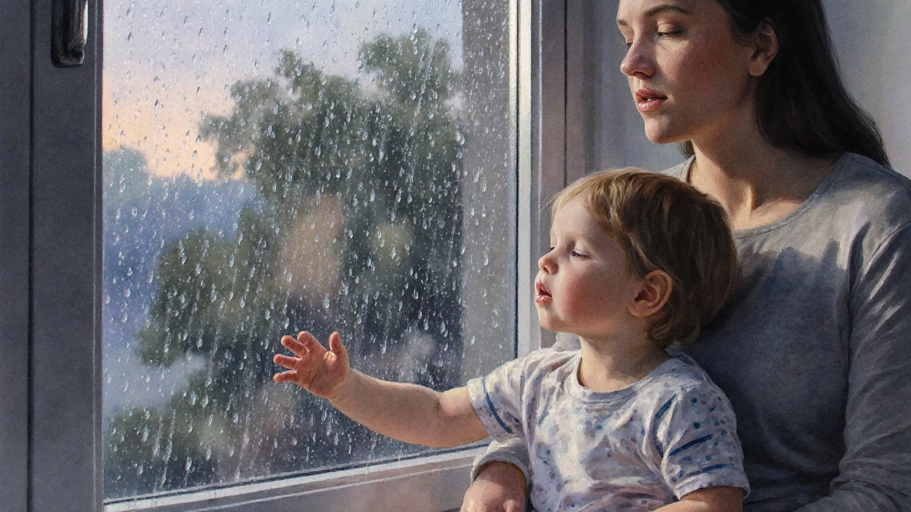Мама и ребёнок смотрят на дождь за окном, ребёнок касается стекла, а мать поёт тихо.