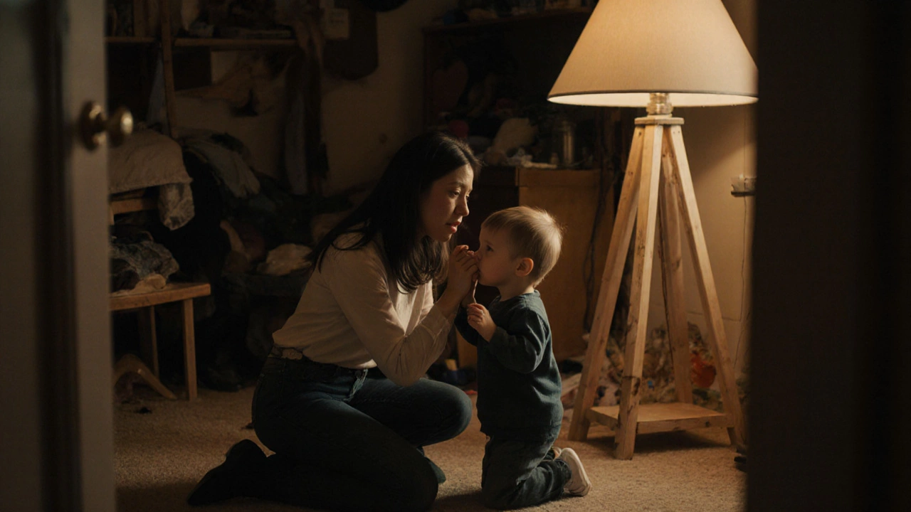 Мать держит за руку ребёнка, который шепчет в пустой угол комнаты.
