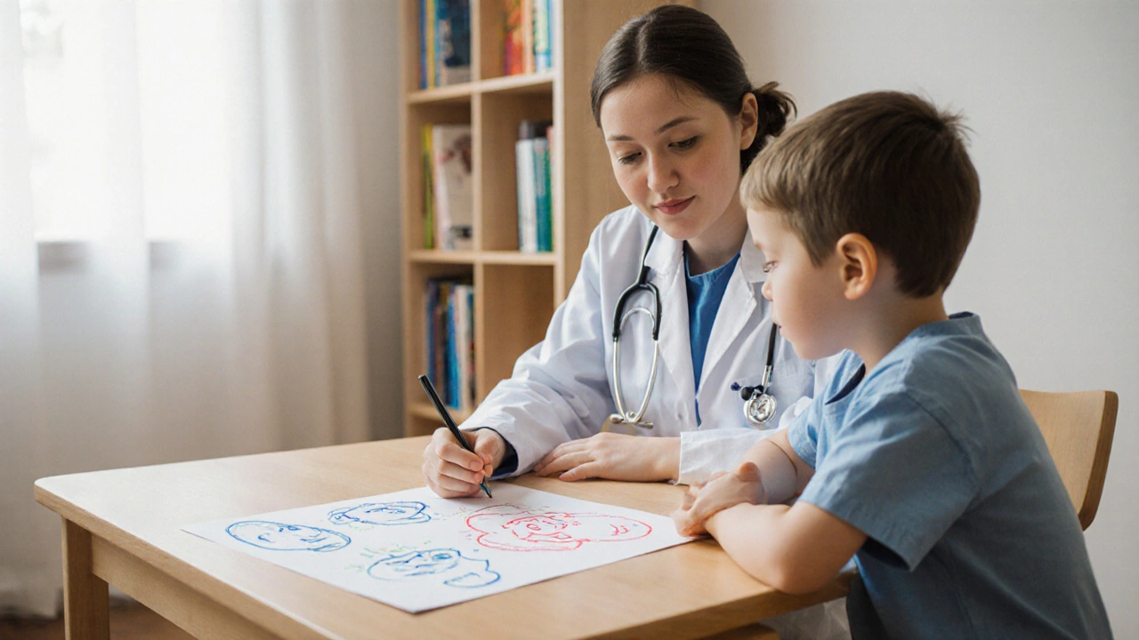Педиатр-психиатр разговаривает с ребёнком за столом с рисунком голосов.