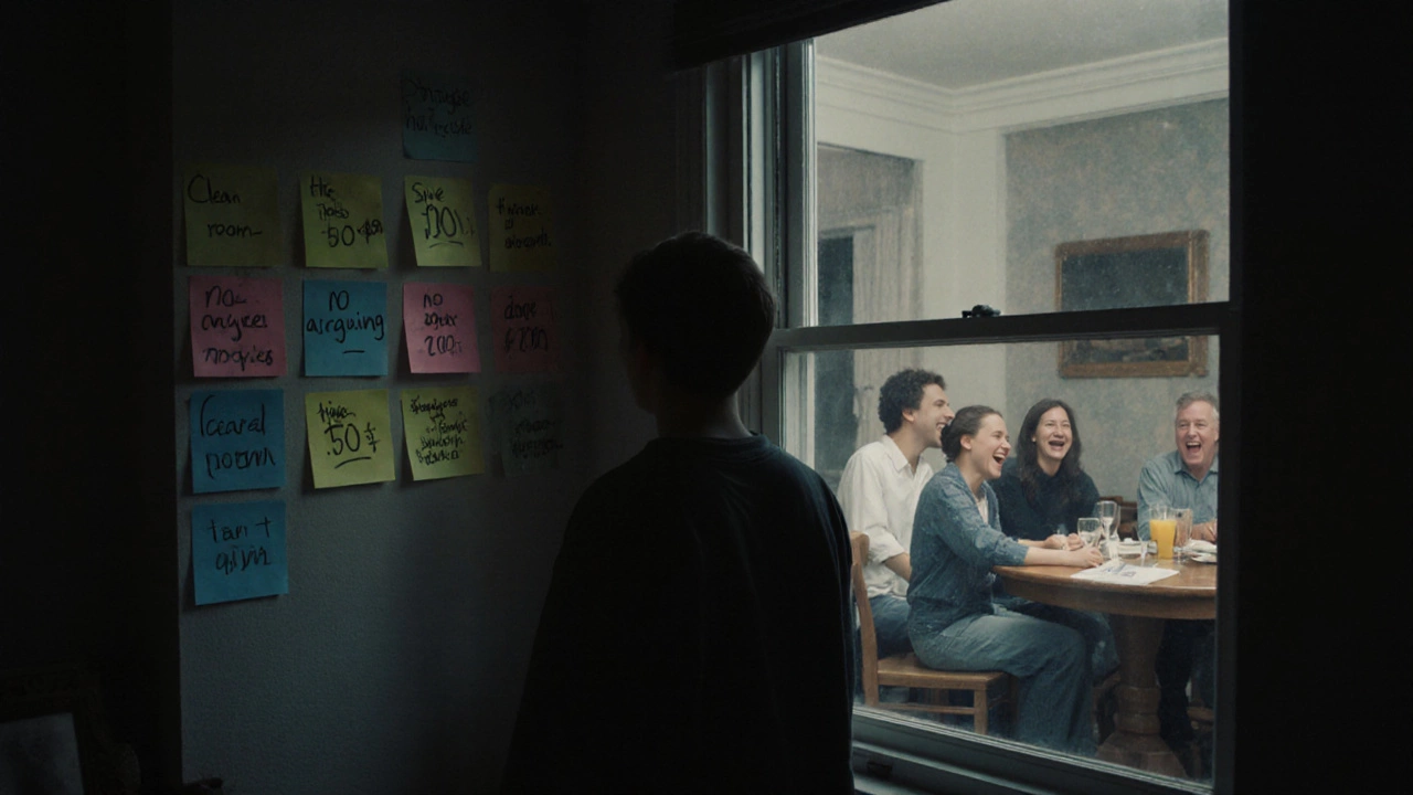 Подросток смотрит на стену с ценниками за поведение, одиноко в тени.