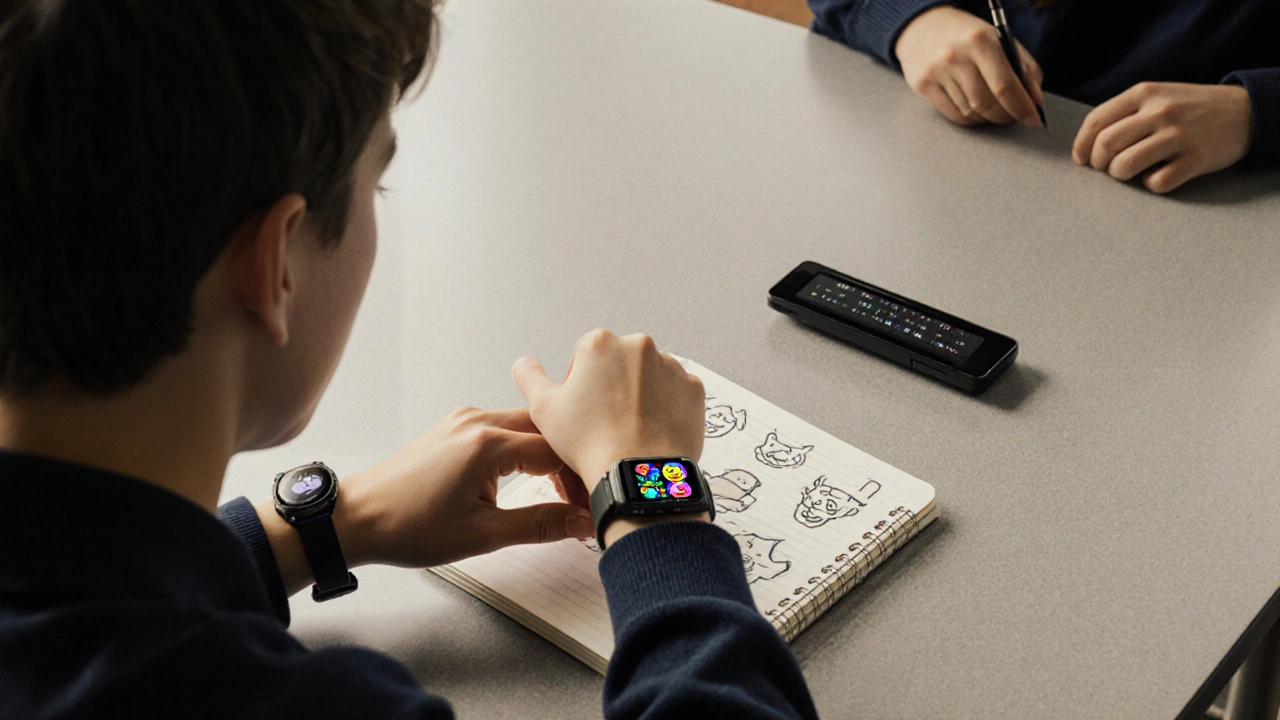 Подросток в умном браслете тайно отправляет эмодзи в школе.