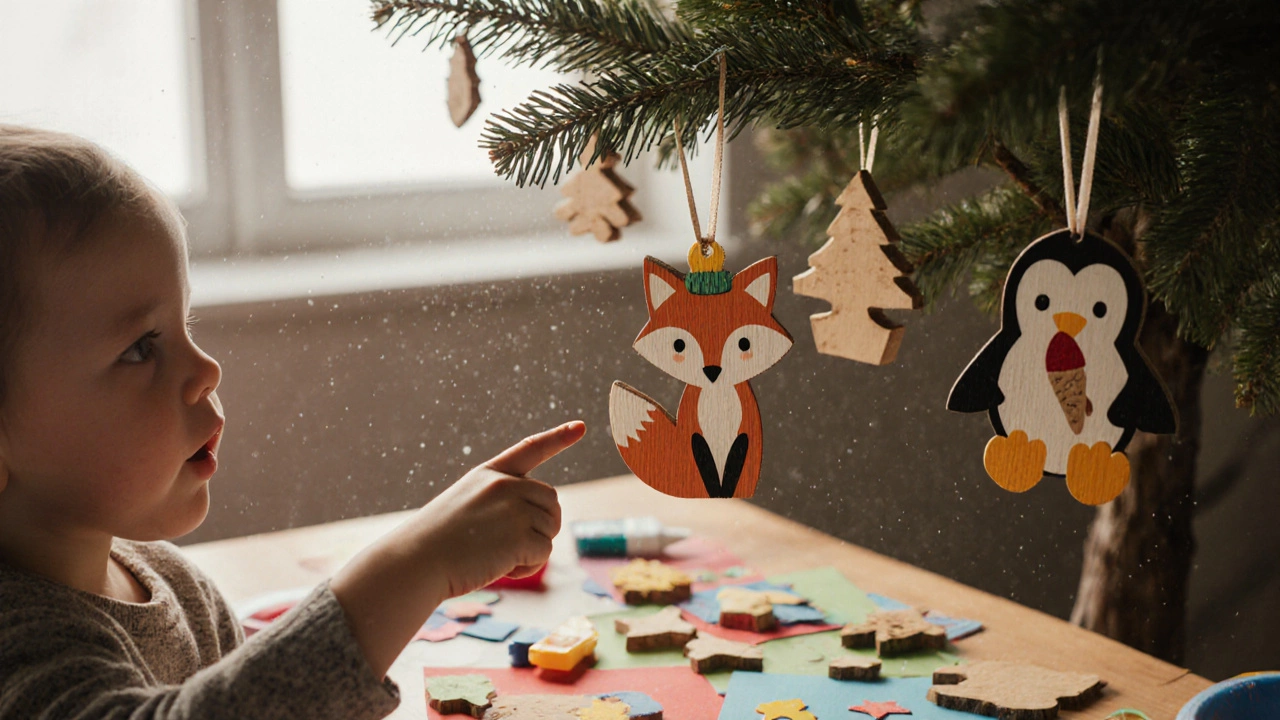 Ребёнок с любопытством рассматривает ручную роспись на деревянной ёлочной игрушке — лиса в шапке.