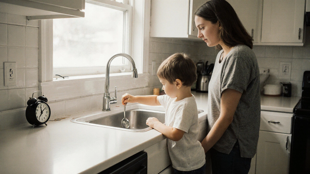 Ребёнок сам убирает ложку на кухне, родитель наблюдает спокойно, без крика.