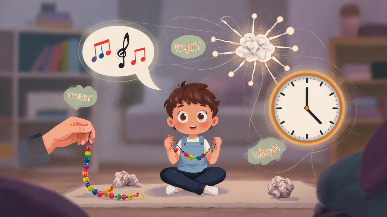 Ребенок сидит в комнате, вокруг него символы развития речи: бусины, музыкальные ноты, светящаяся сеть в голове.