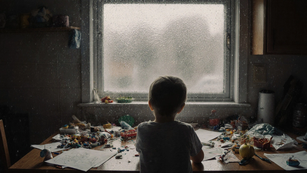 Ребёнок смотрит в окно, окружённый брошенными игрушками.