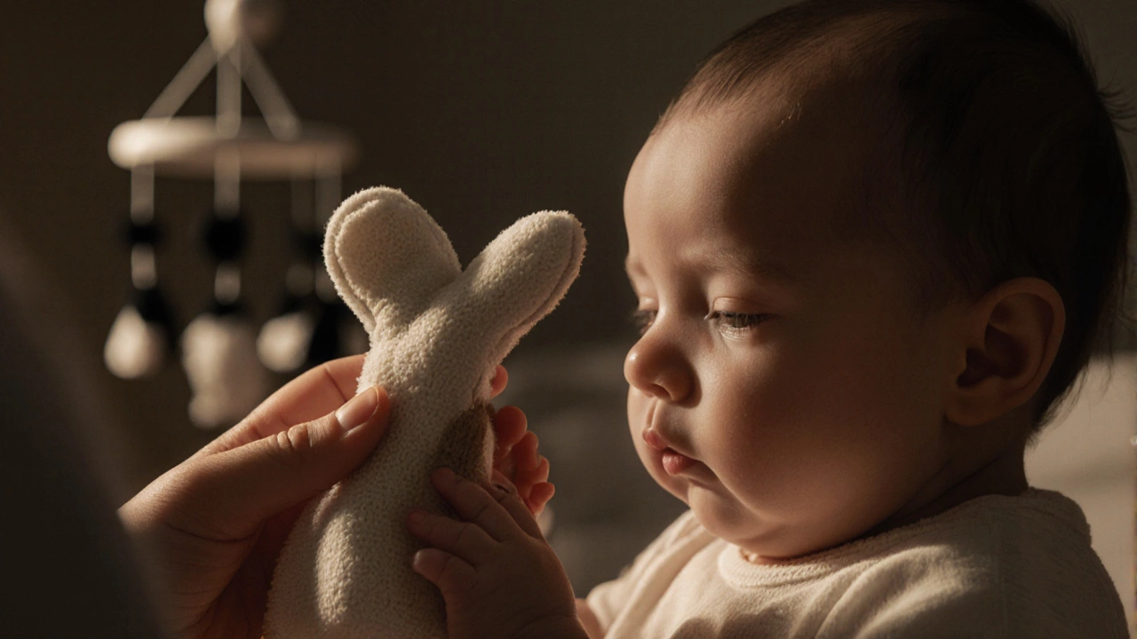 Родитель держит мягкую тканевую игрушку с разными текстурами рядом с рукой новорожденного.