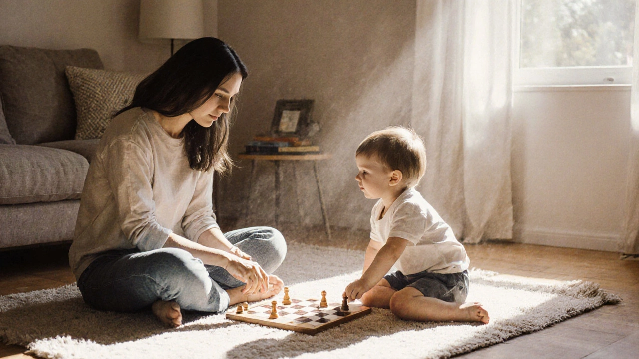 Родитель и ребёнок спокойно играют вместе в настольную игру.