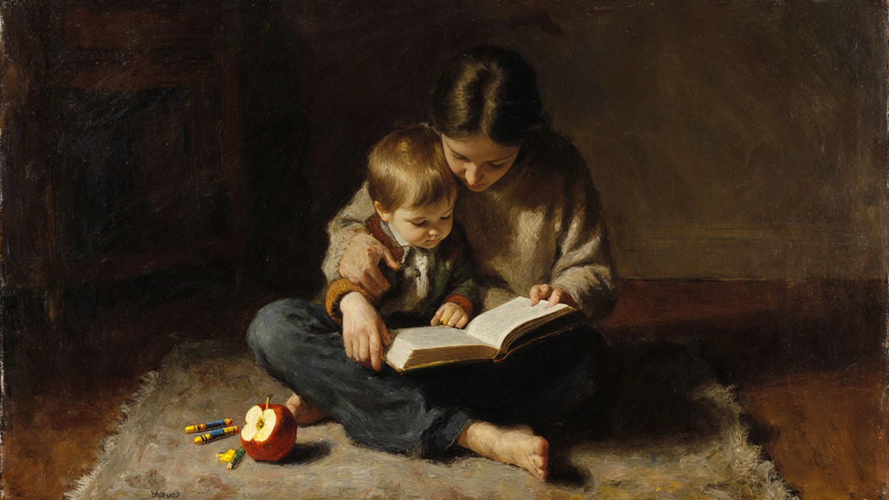 Родитель и ребёнок вместе читают книгу на полу, тихо и близко, в тёплом свете.