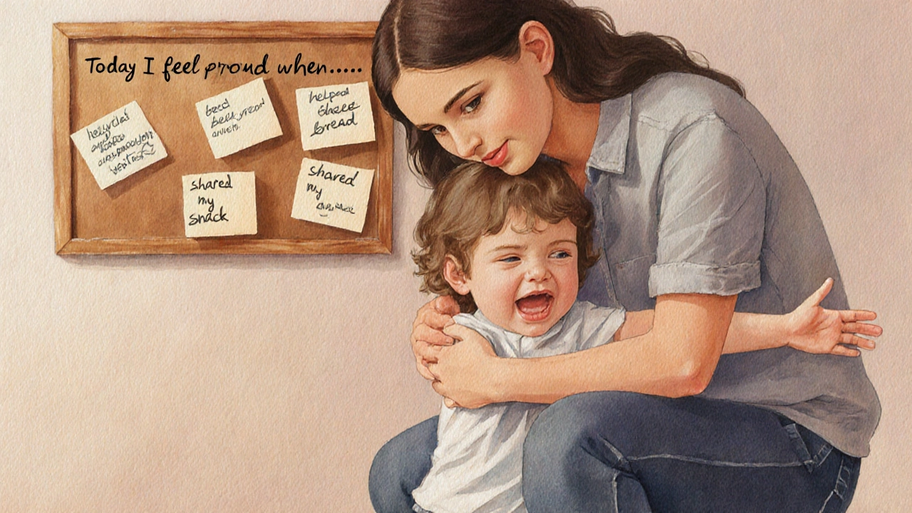 Родитель обнимает плачущего ребёнка, рядом — доска с записями о радостях дня.