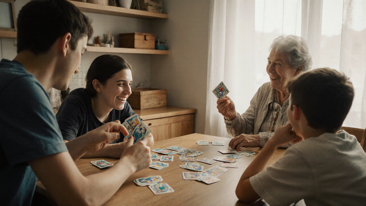 Семья играет в Человек-пятно, все смеются, дети и взрослые вместе разгадывают тайны.