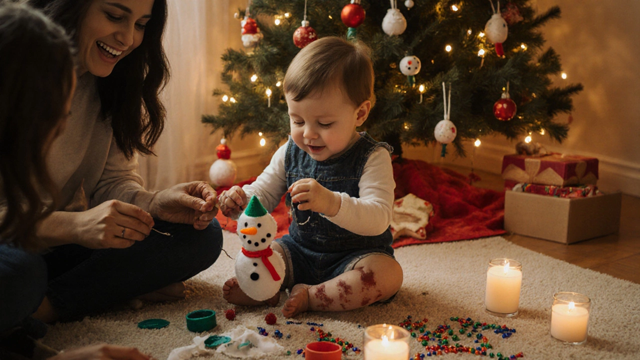 Семья вместе делает новогоднюю игрушку из фетра и бусин, вокруг — разбросанные материалы и самодельные украшения.