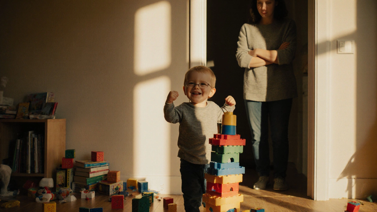 Трехлетний ребенок смеется, стоя рядом с опрокинутой башней из игрушек, родитель наблюдает с двери.