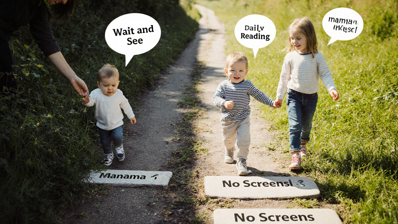 Трое детей на дороге: один на темном пути &#039;ждать&#039;, двое на светлом — с логопедом и чтением, родитель держит маленького за руку.