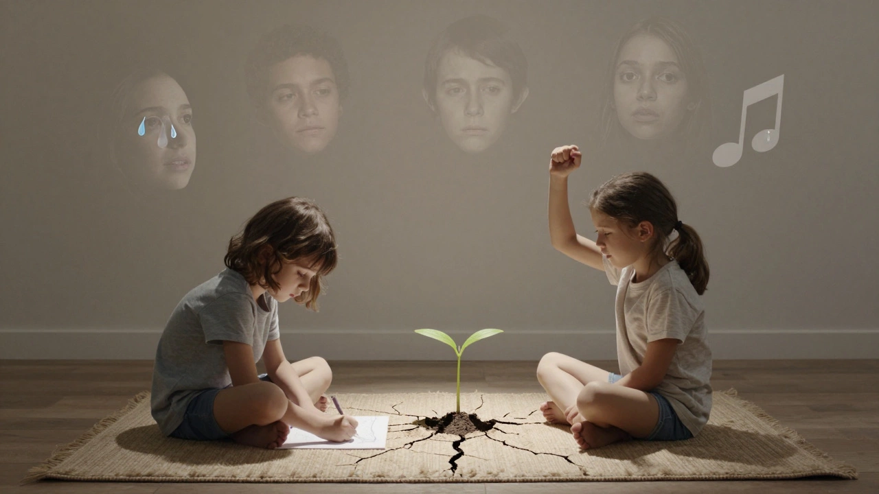 Два ребёнка с разными темпераментами рядом, вокруг них — фрагменты черт родителей, растёт всход.