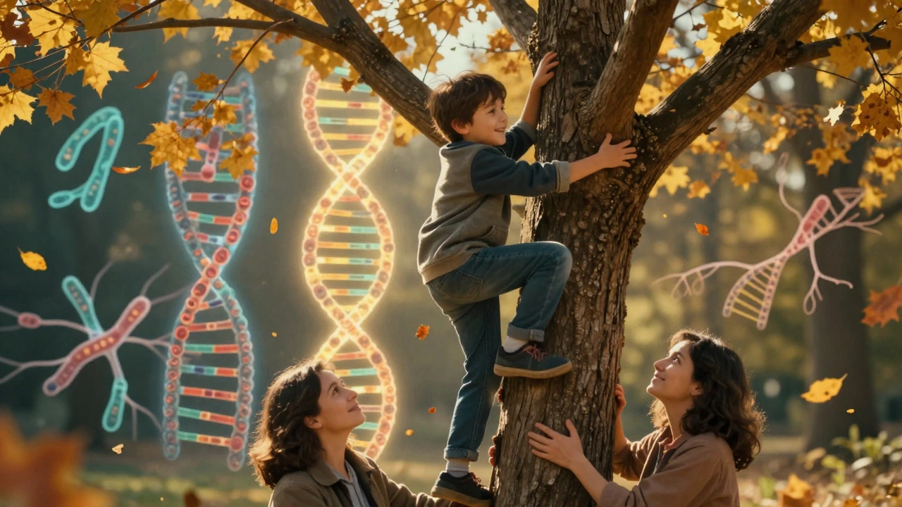 Мальчик лазает по дереву, мать спокойно наблюдает, за ними — генетические символы наследственности.