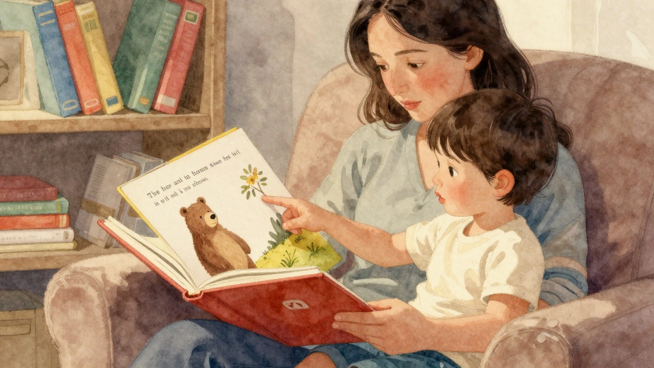 Мама читает книжку с ребенком, делая паузу, чтобы дать время на ответ.