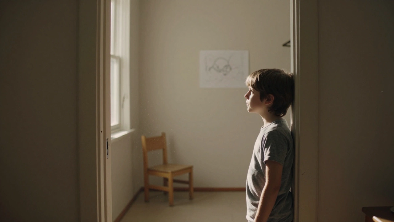 Подросток стоит у двери детской комнаты, смотрит внутрь, солнечный свет на полу.