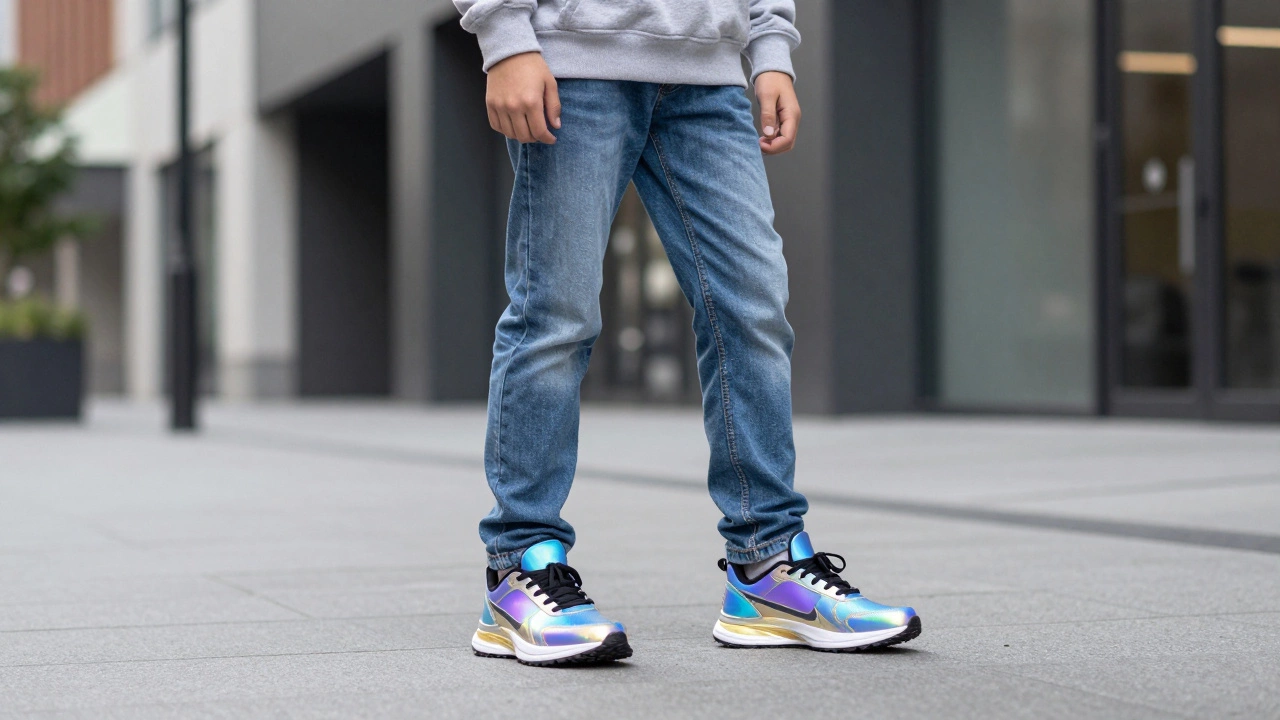 Подросток в сером худи с голографическими кроссовками на улице.