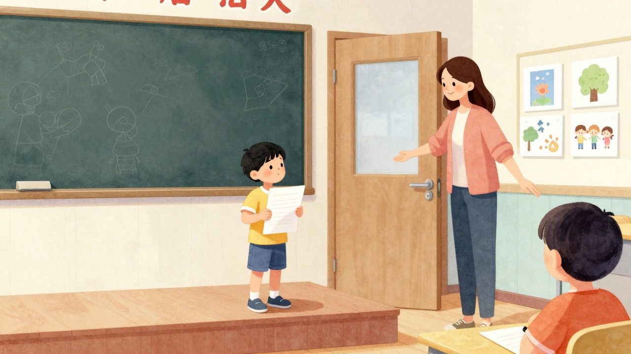 Ребёнок боится выступать в классе, мать стоит у двери с открытыми руками.