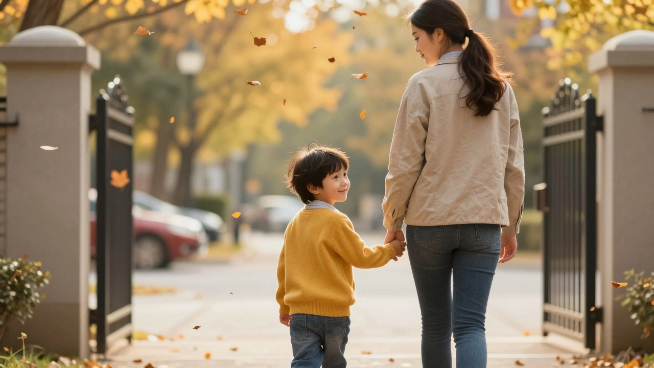 Ребёнок и родитель идут к детсаду, держась за руки, осенние листья кружатся вокруг них в золотистом свете.