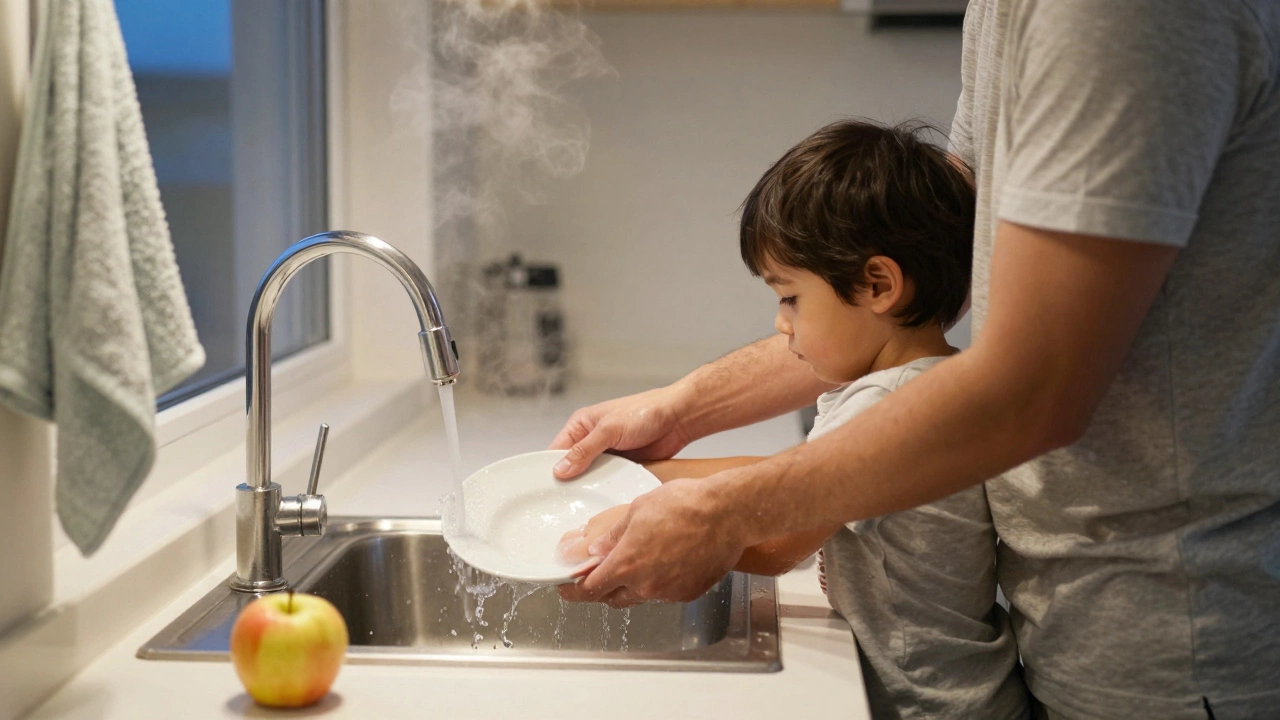 Ребёнок и родитель моют посуду вместе в кухне, вода брызжет, вечерний свет.
