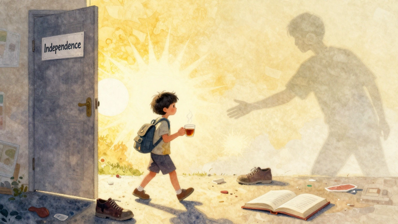 Ребёнок идёт к двери 'Независимость', неся чай и рюкзак.