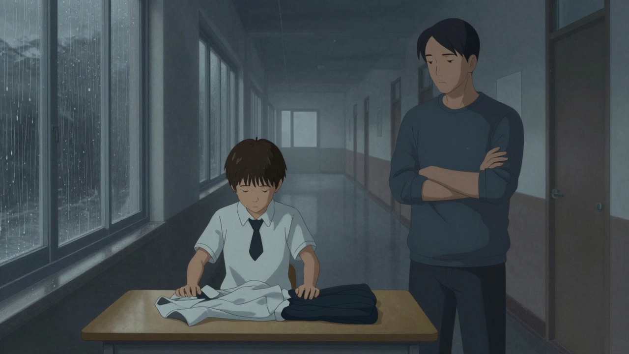 Ребёнок оставляет форму на столе, родитель молча наблюдает.