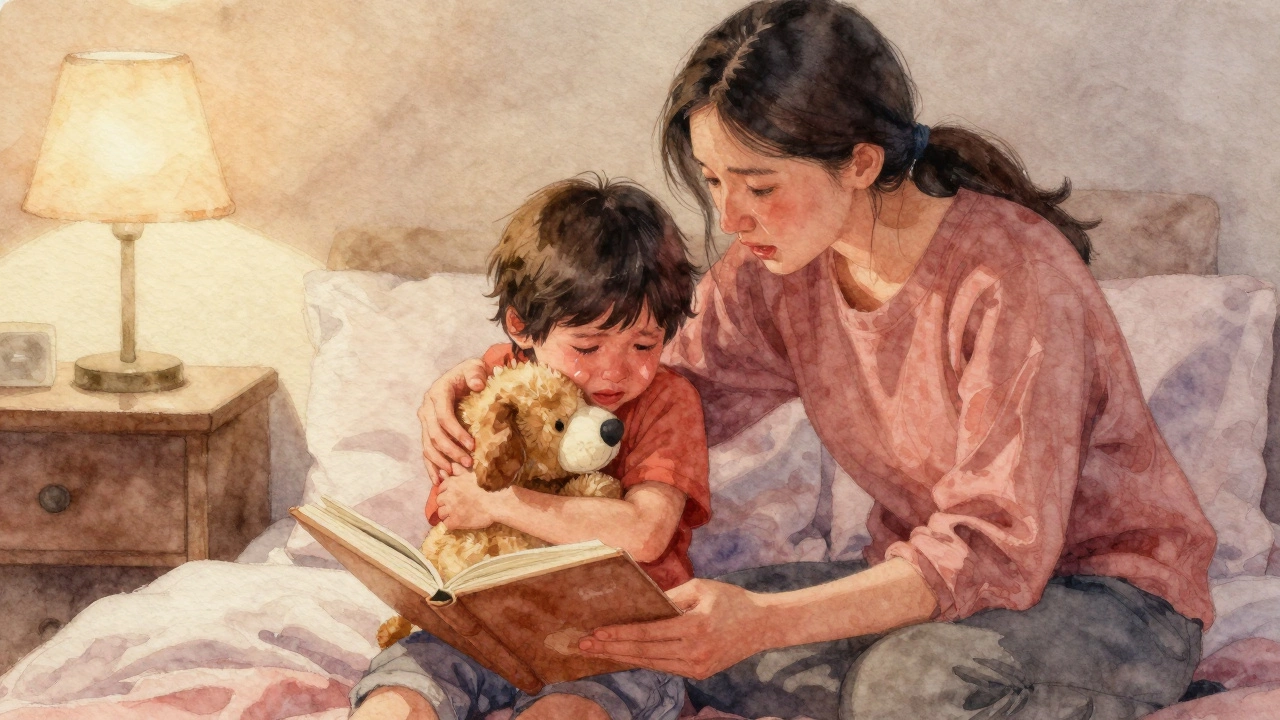 Ребенок плачет, обнимая игрушку, родитель рядом с нежным выражением лица.