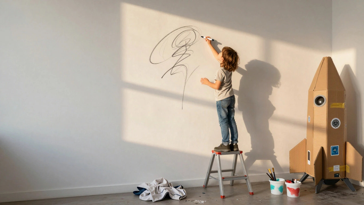 Ребёнок рисует на стене, стоя на лестнице, рядом — коробка-корабль и разбросанные кисти с красками.
