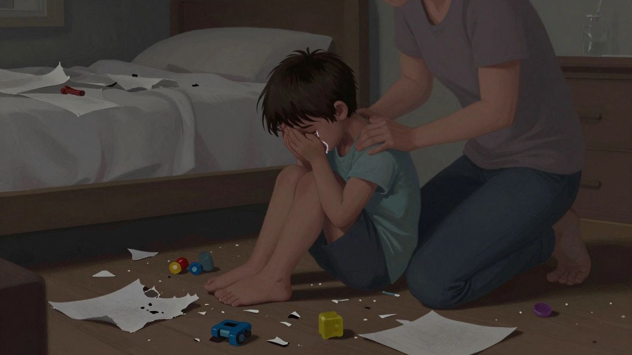 Ребёнок сидит на полу среди разорванной бумаги и сломанных игрушек, родитель стоит рядом с ласковой рукой на спине.