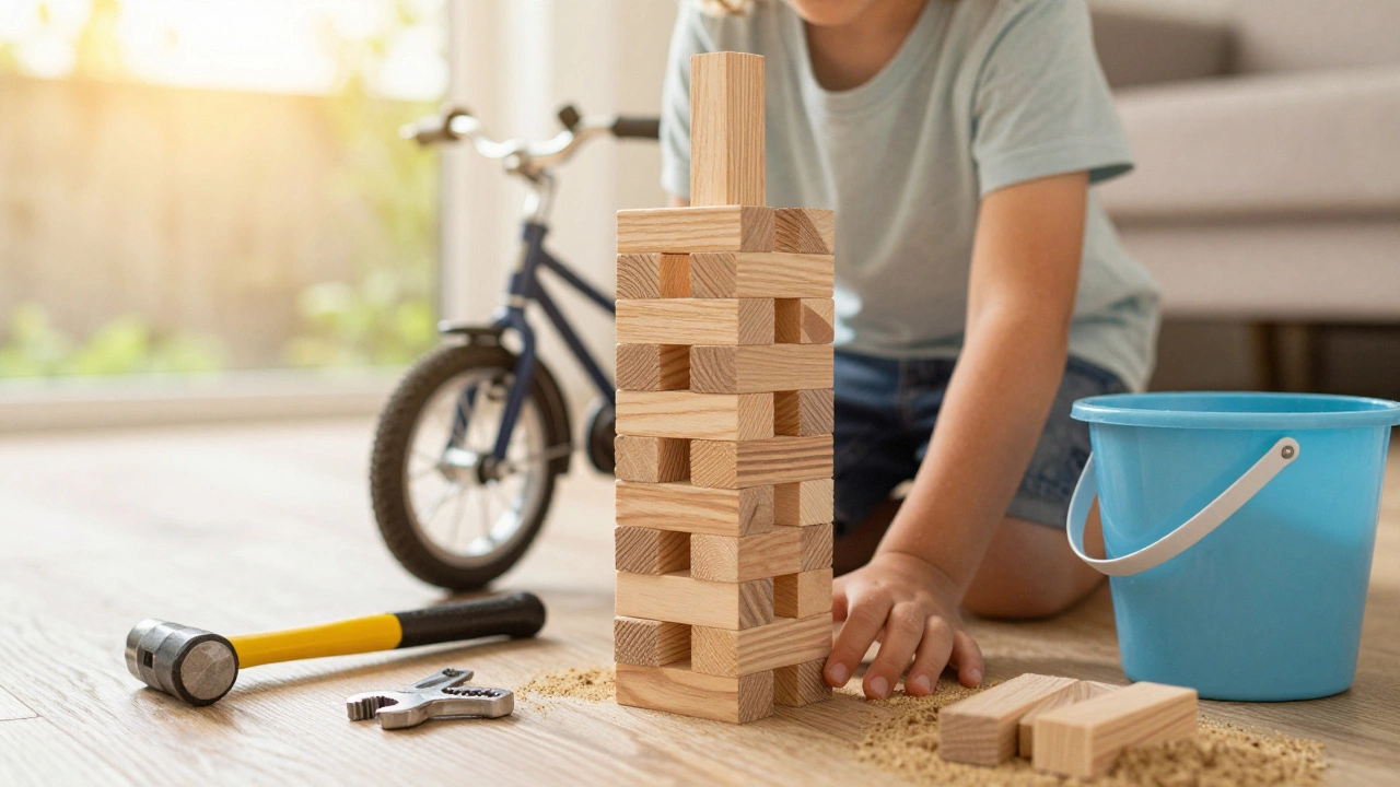 Ребёнок строит башню из крупных деревянных блоков рядом с инструментами.