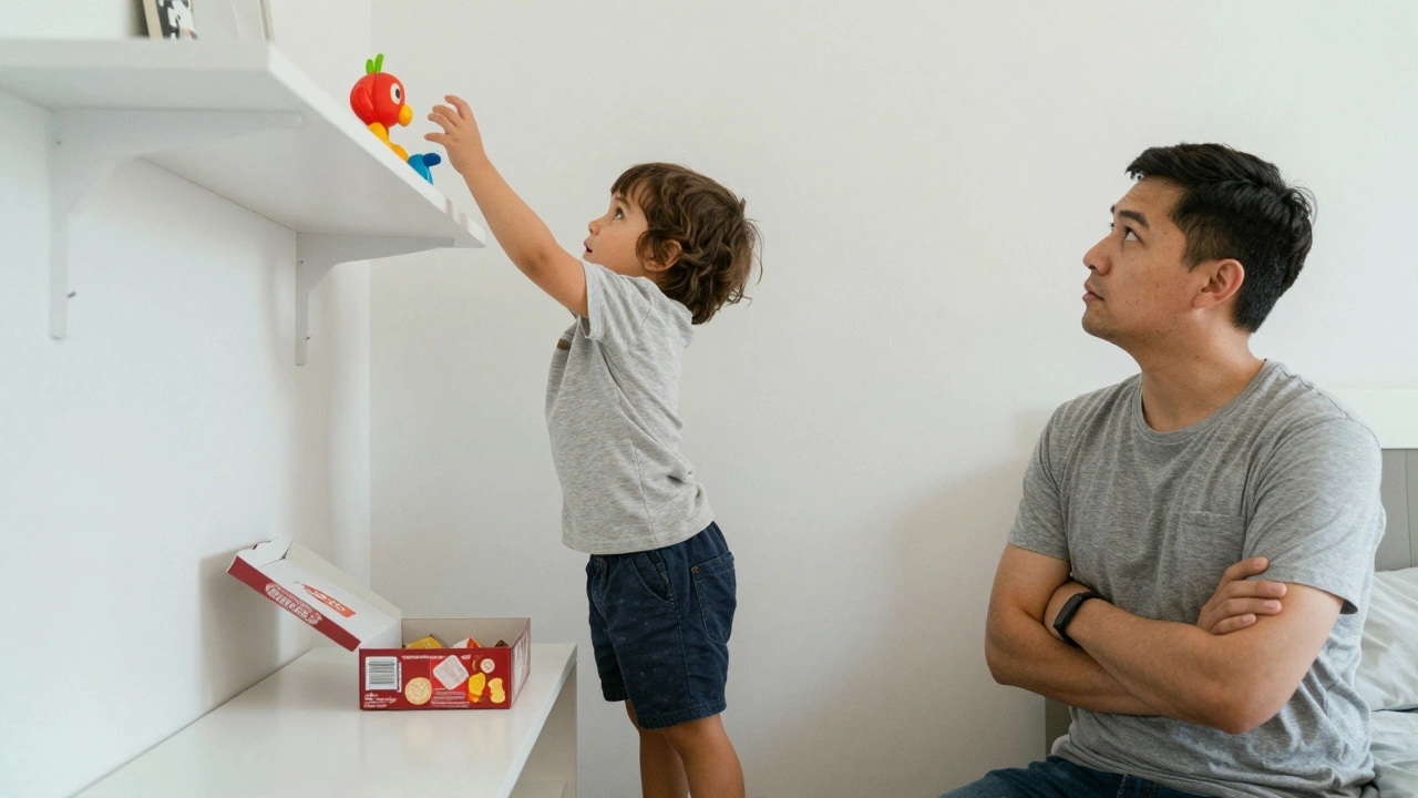 Ребенок тянется к игрушке на полке, глядя на взрослого с надеждой.
