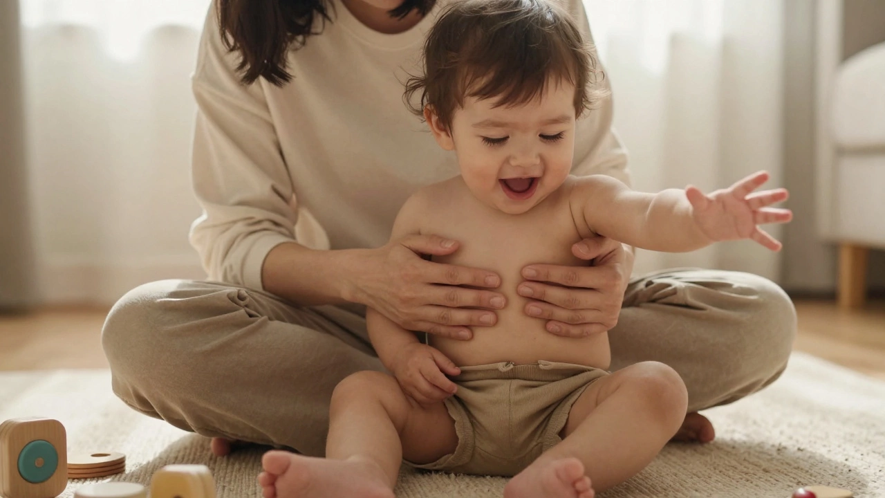 Ребенок улыбается, пока родитель массирует грудную клетку, создавая эмоциональную связь.