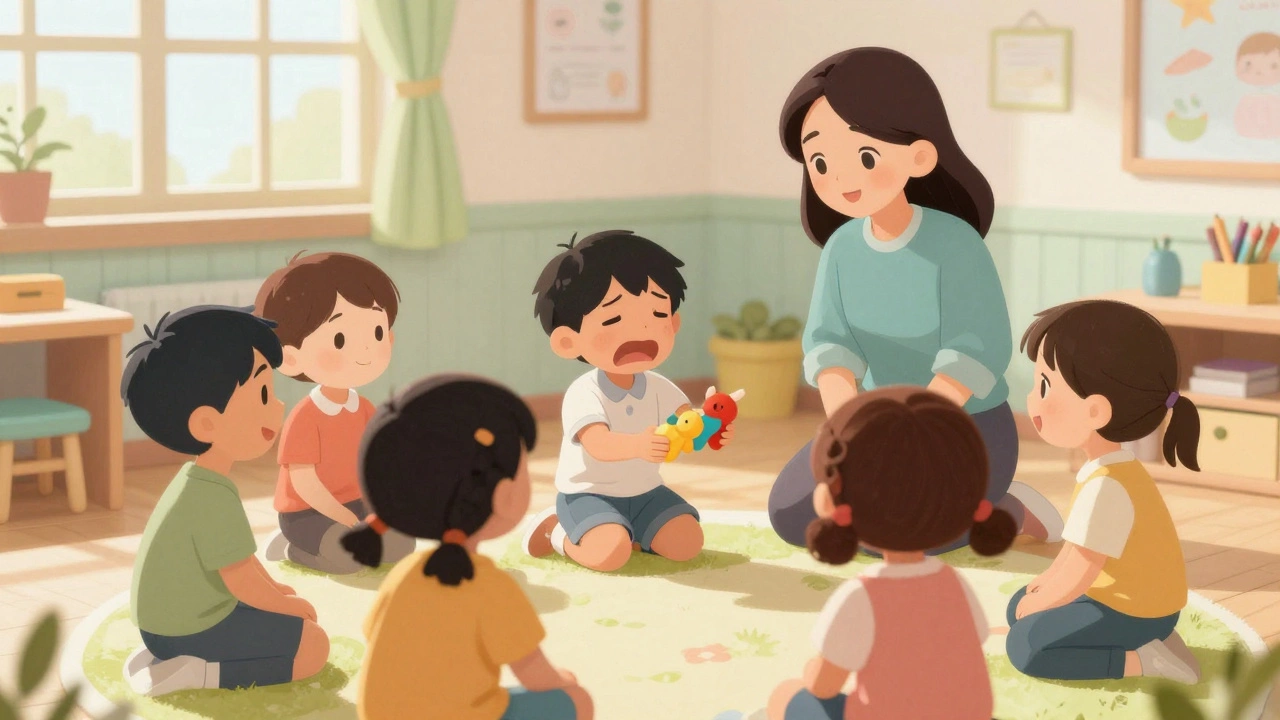 Ребёнок утешает плачущего друга в детском саду.