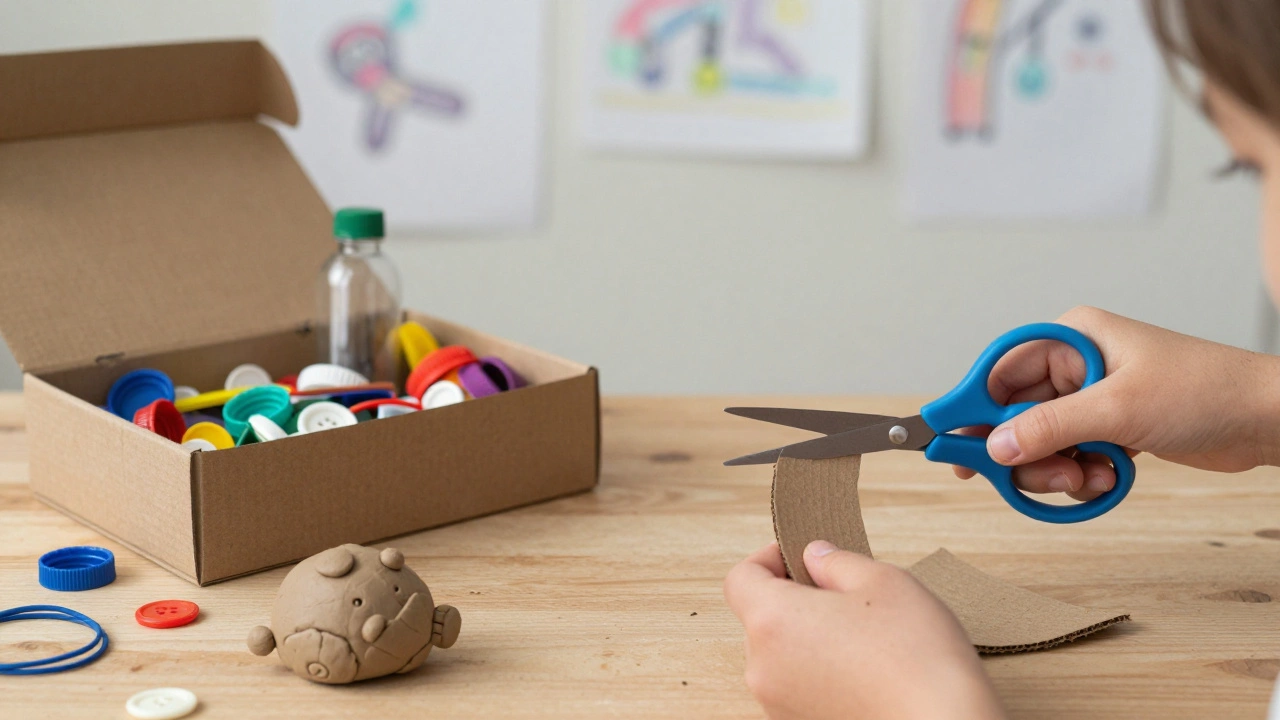 Ребёнок вырезает форму из картона, рядом — коробка с найденными предметами: пуговицы, крышки, нитки.