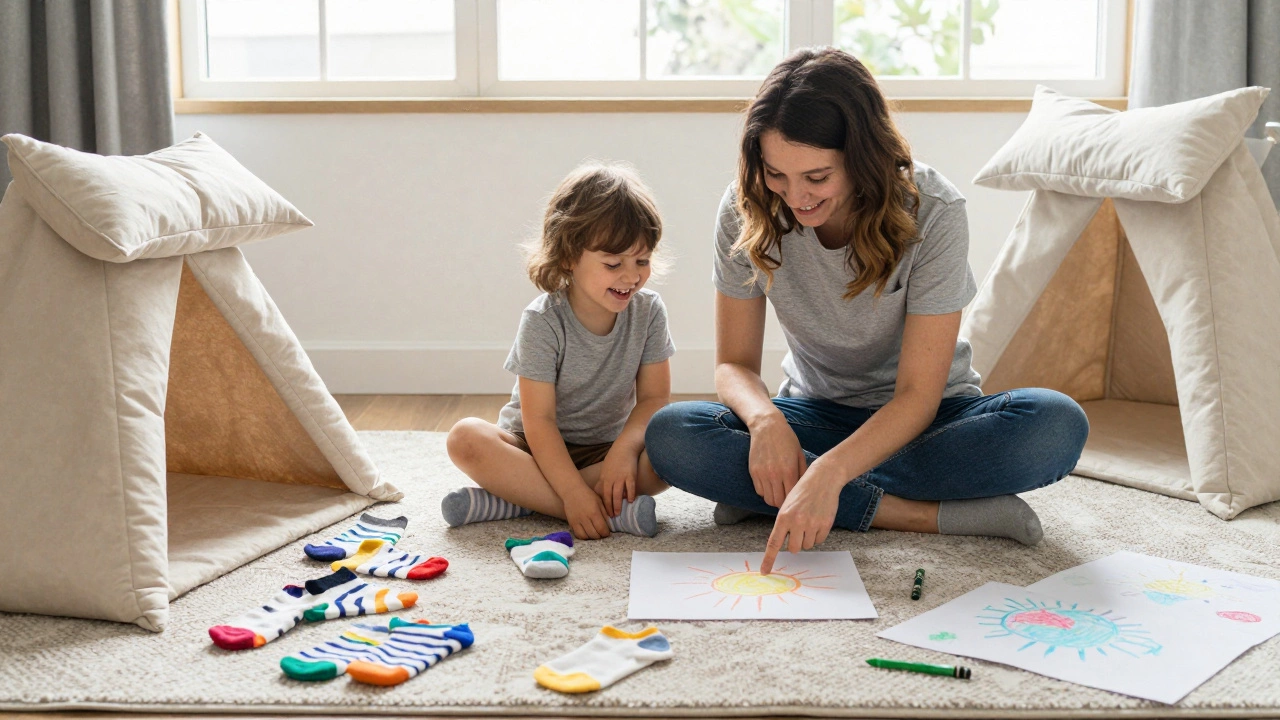 Родитель и ребёнок сидят на полу среди рисунков и подушек, улыбаются вместе.