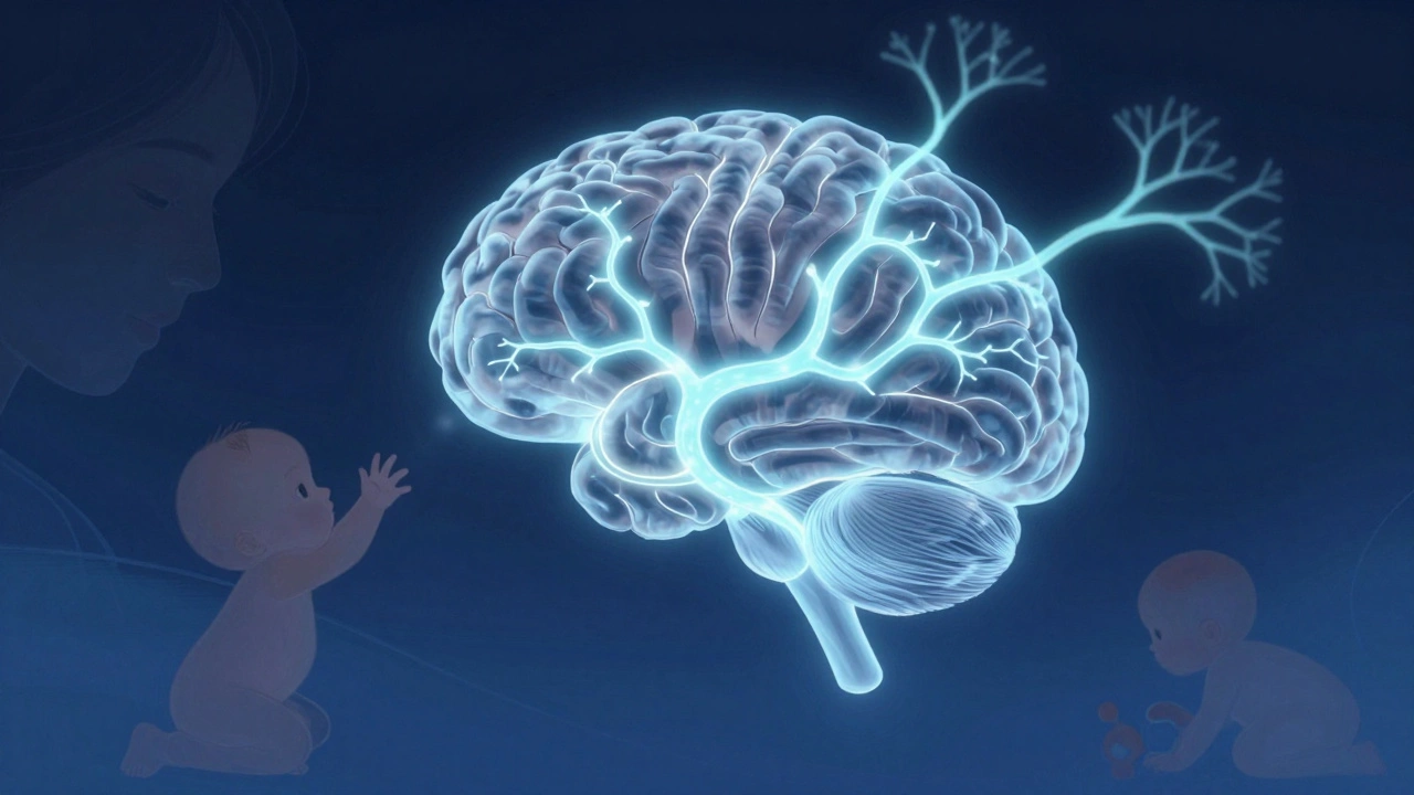 Схема мозга ребенка с светящимися нейронными связями, реагирующими на звуки и прикосновения.